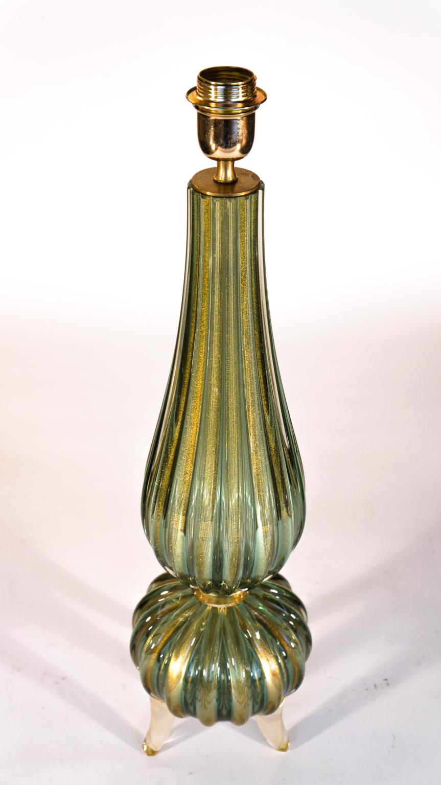 Toso Mid-Century Modern Green Gold Pair of Murano Glass Table Lamps Signed, 1980 For Sale 11