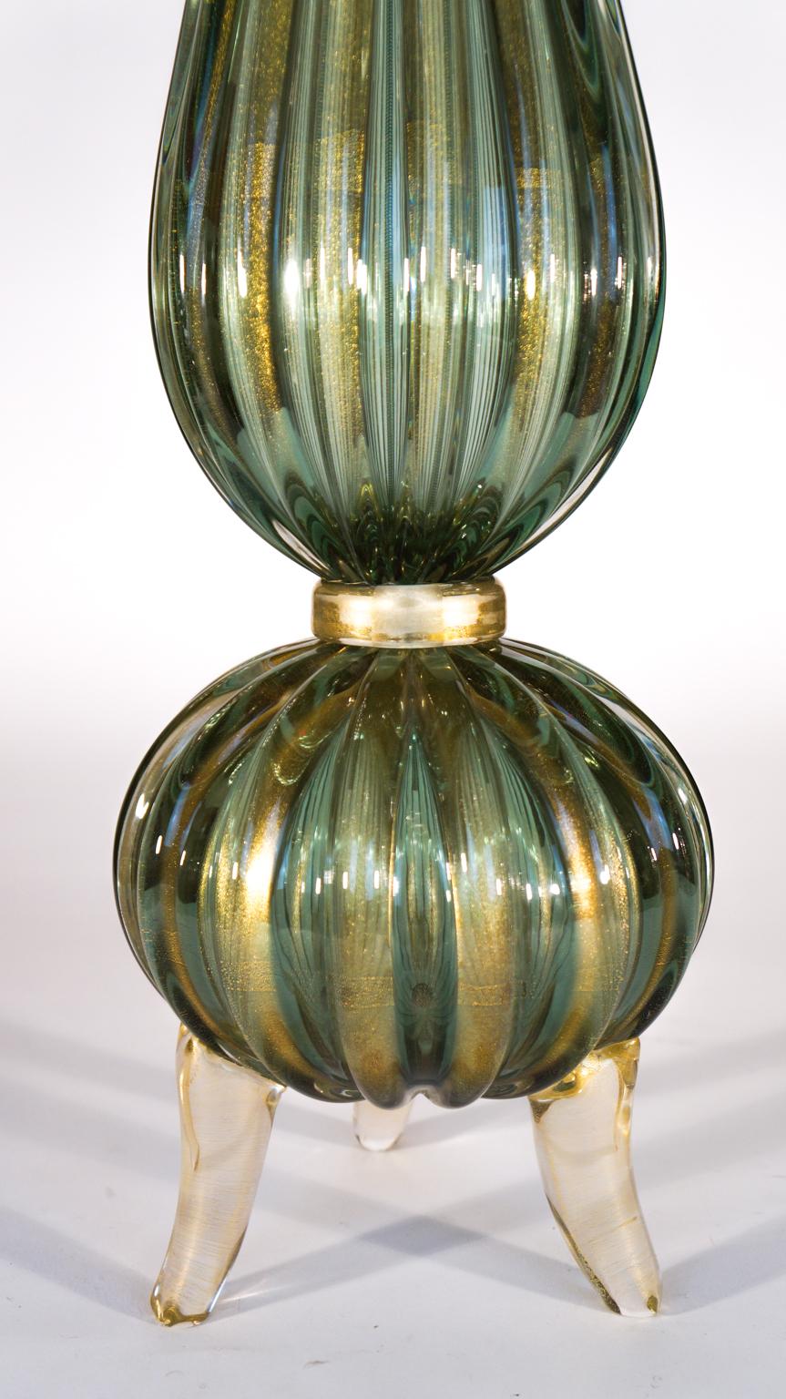 Toso Mid-Century Modern Green Gold Pair of Murano Glass Table Lamps Signed, 1980 For Sale 13