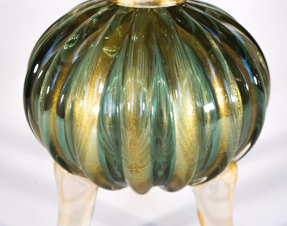 Toso Mid-Century Modern Green Gold Pair of Murano Glass Table Lamps Signed, 1980 For Sale 14