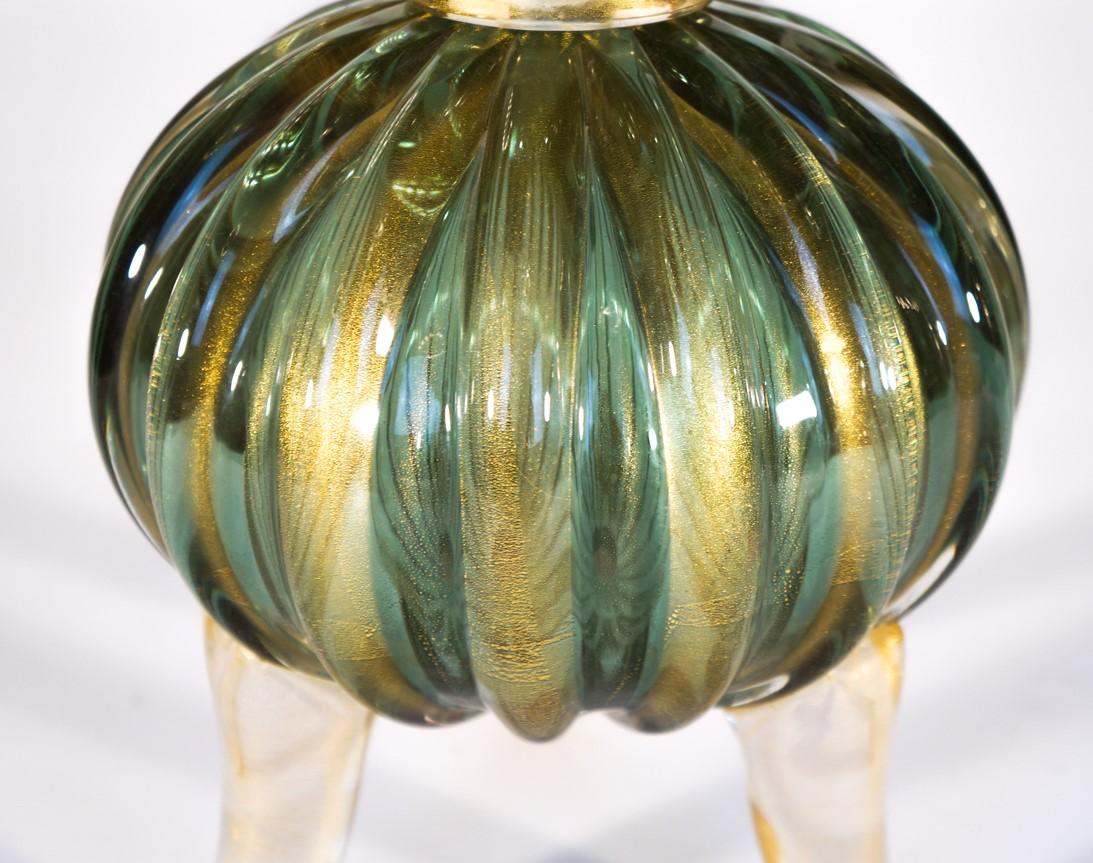 Toso Mid-Century Modern Green Gold Pair of Murano Glass Table Lamps Signed, 1980 For Sale 13