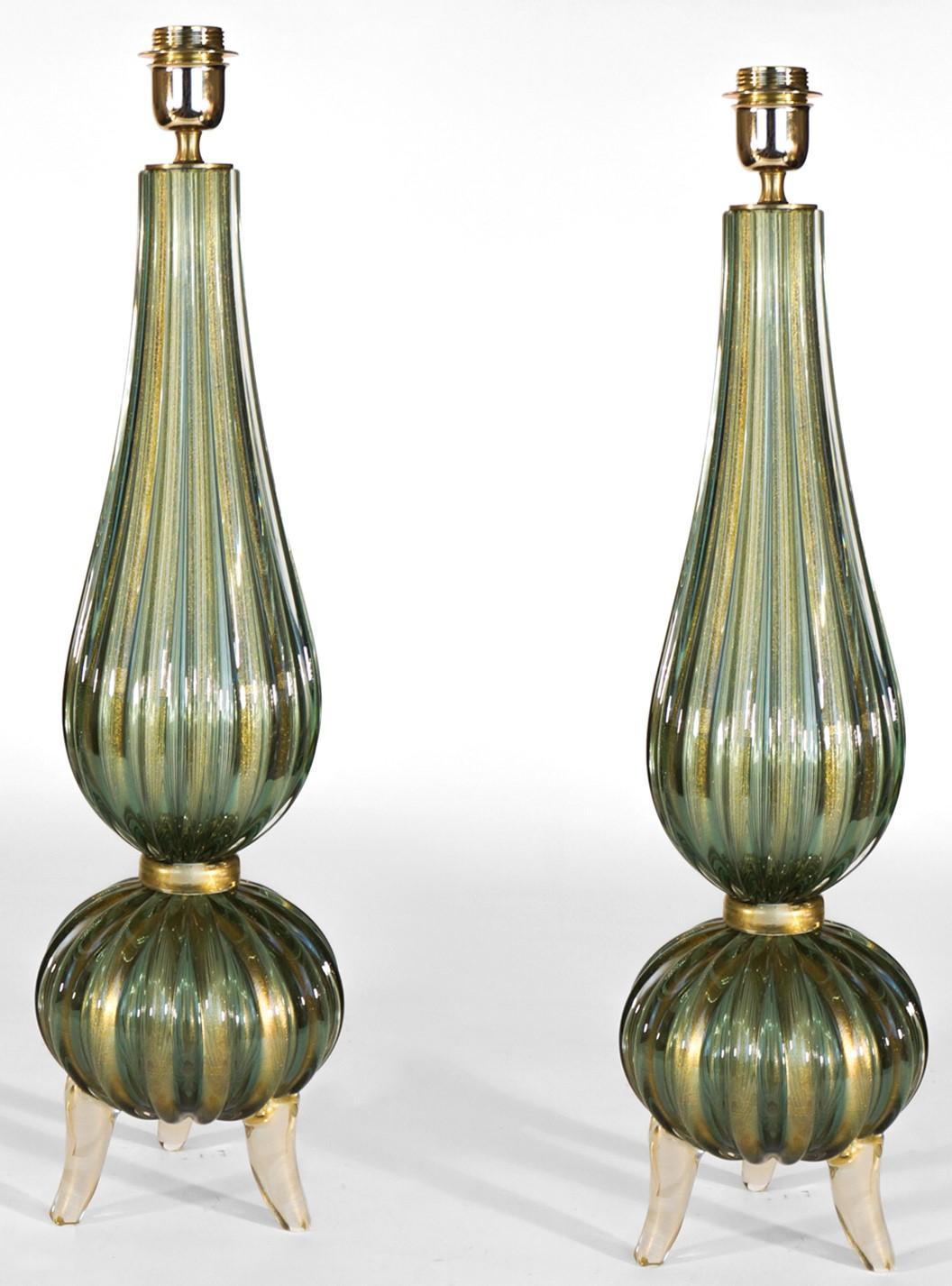 Toso Mid-Century Modern Green Gold Pair of Murano Glass Table Lamps Signed, 1980 For Sale 15