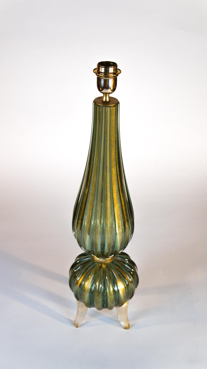 Late 20th Century Toso Mid-Century Modern Green Gold Pair of Murano Glass Table Lamps Signed, 1980 For Sale