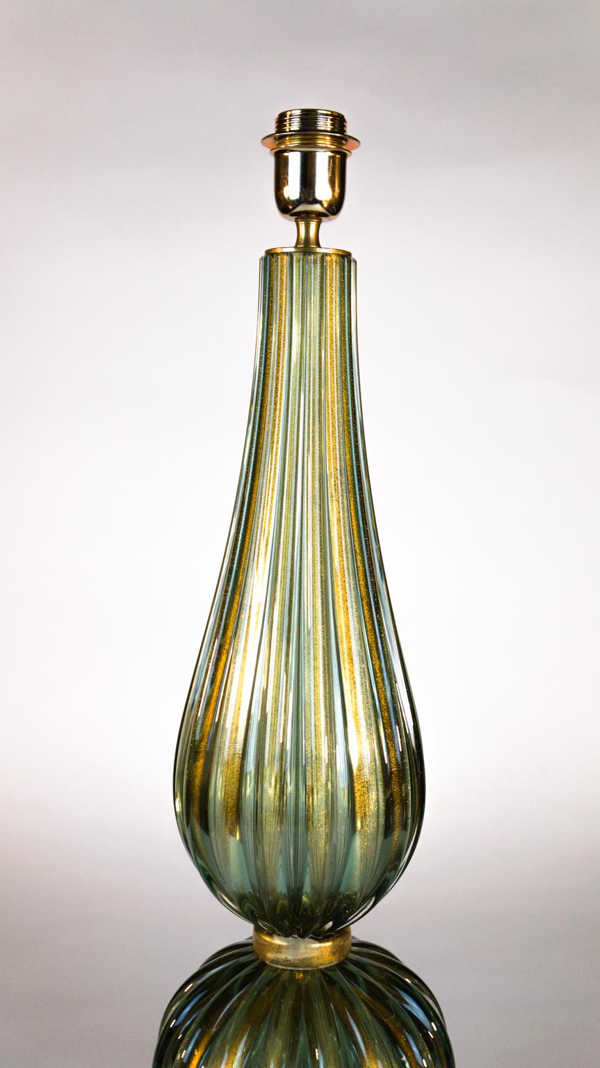 Toso Mid-Century Modern Green Gold Pair of Murano Glass Table Lamps Signed, 1980 For Sale 2