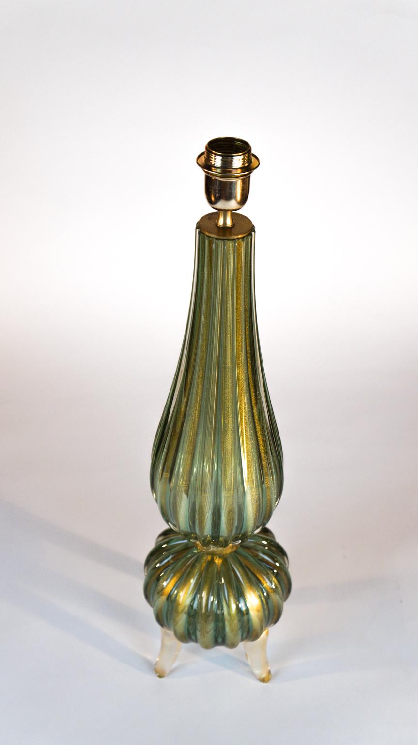 Toso Mid-Century Modern Green Gold Pair of Murano Glass Table Lamps Signed, 1980 For Sale 3