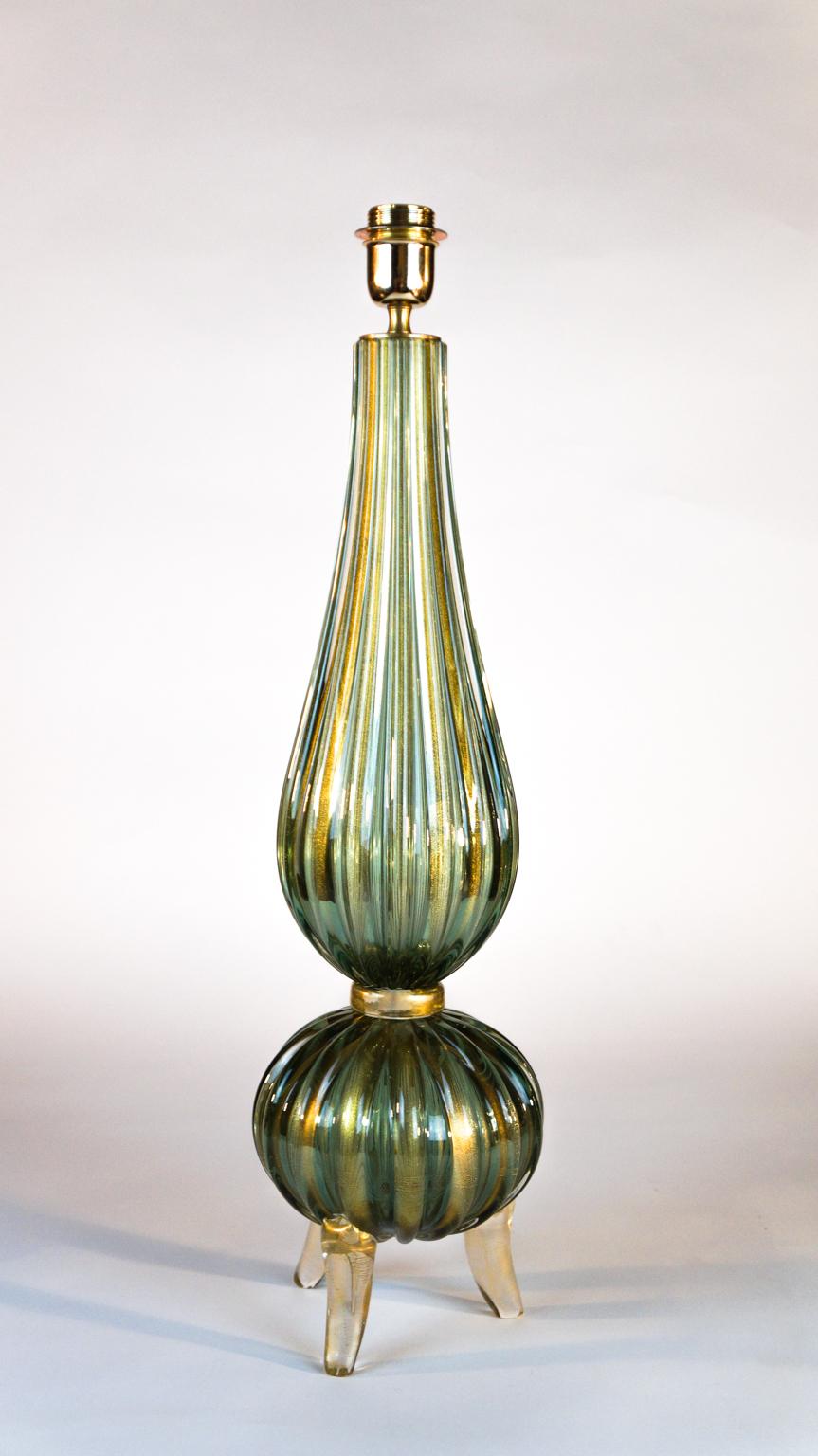 Toso Mid-Century Modern Green Gold Pair of Murano Glass Table Lamps Signed, 1980 For Sale 4