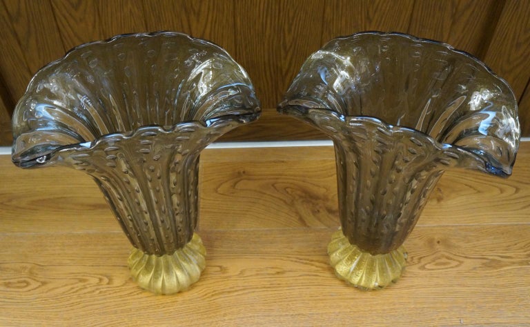 Italian Toso Mid-Century Modern Grey Gold Two of Murano Glass Vases Signed Jars, 1987 For Sale