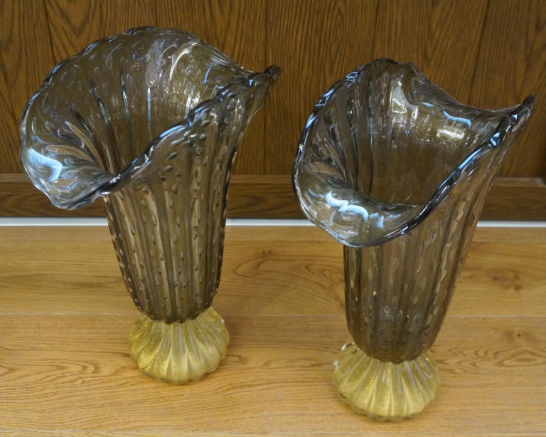 Hand-Crafted Toso Mid-Century Modern Grey Gold Two of Murano Glass Vases Signed Jars, 1987 For Sale