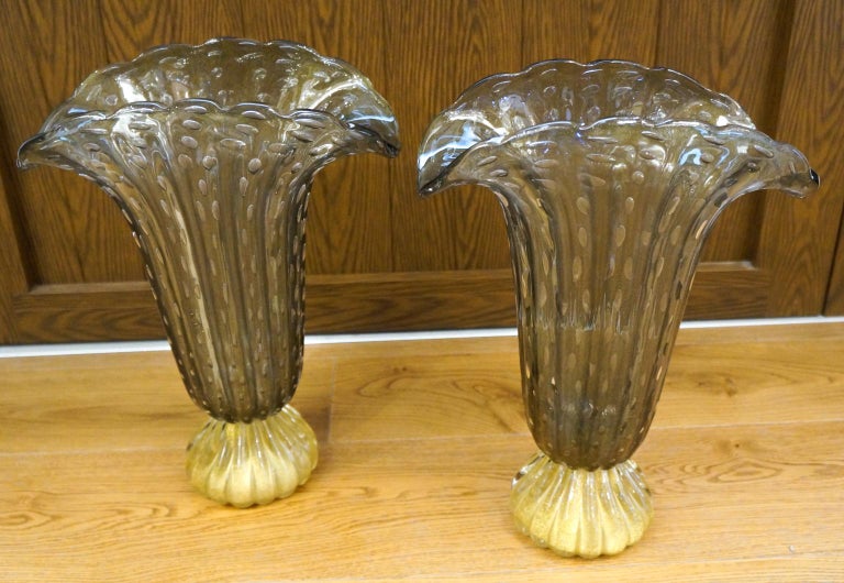 Late 20th Century Toso Mid-Century Modern Grey Gold Two of Murano Glass Vases Signed Jars, 1987 For Sale