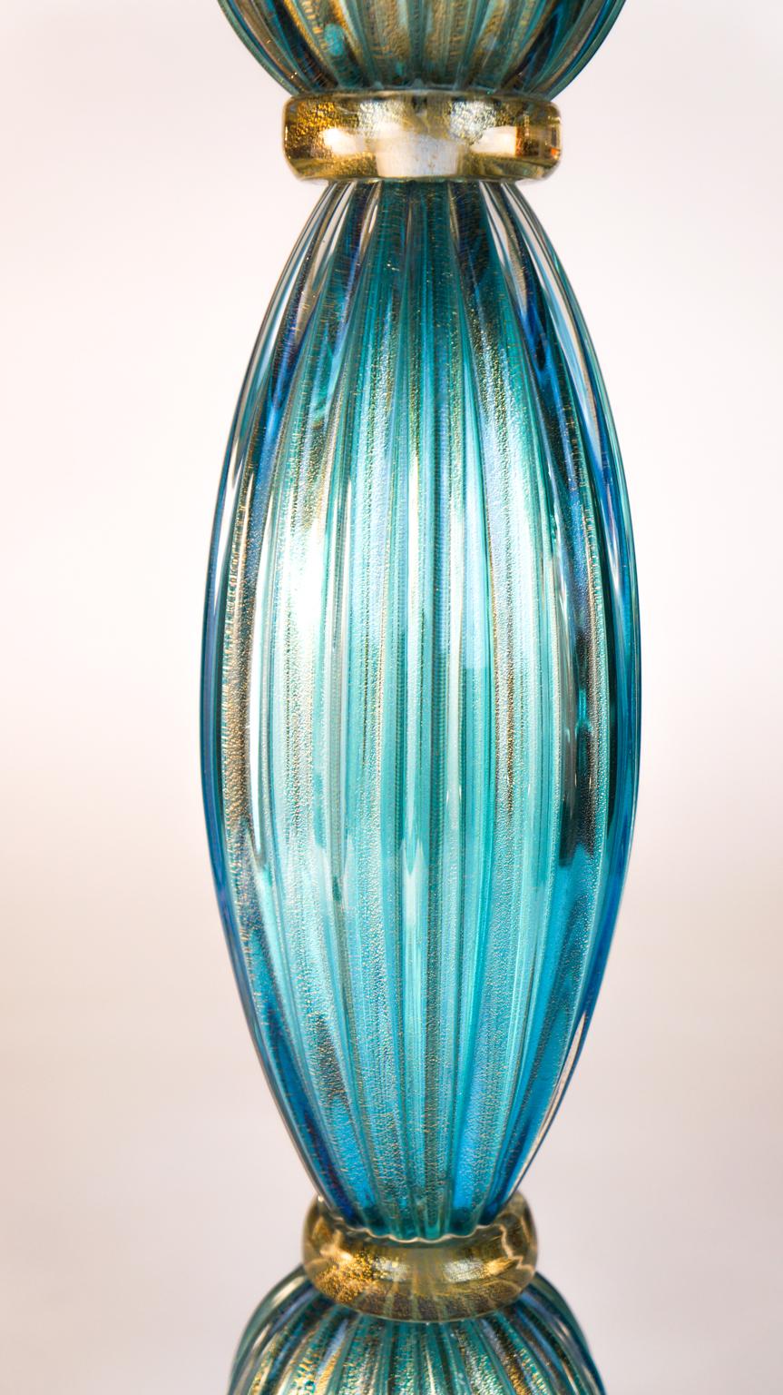 Art Glass Toso Mid-Century Modern Pair of Aquamarine Murano Glass Table Lamps, 1980s