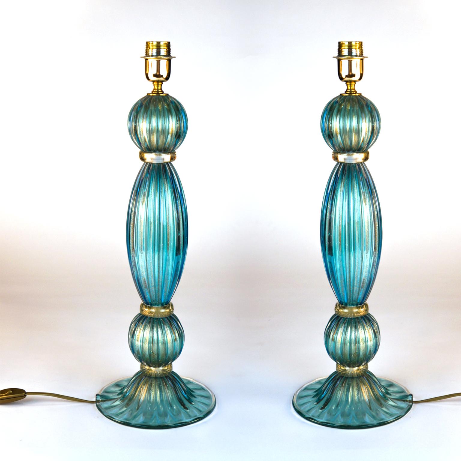 Toso Mid-Century Modern Pair of Aquamarine Murano Glass Table Lamps, 1980s 2