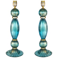 Toso Mid-Century Modern Pair of Aquamarine Murano Glass Table Lamps, 1980s