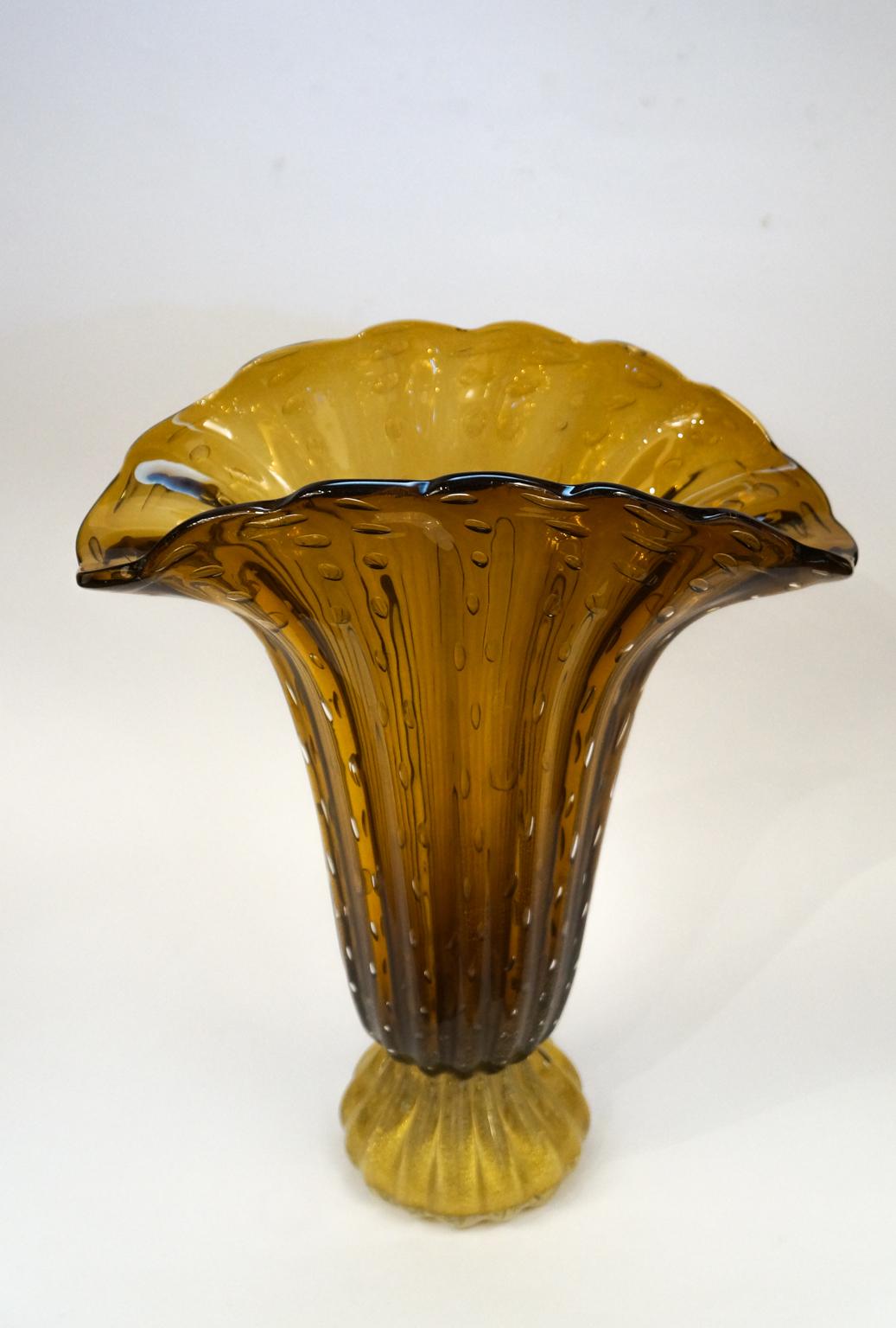 Toso Mid-Century Modern Tabak Gold Paar Vasen aus Muranoglas signiert, 1987 im Angebot 4