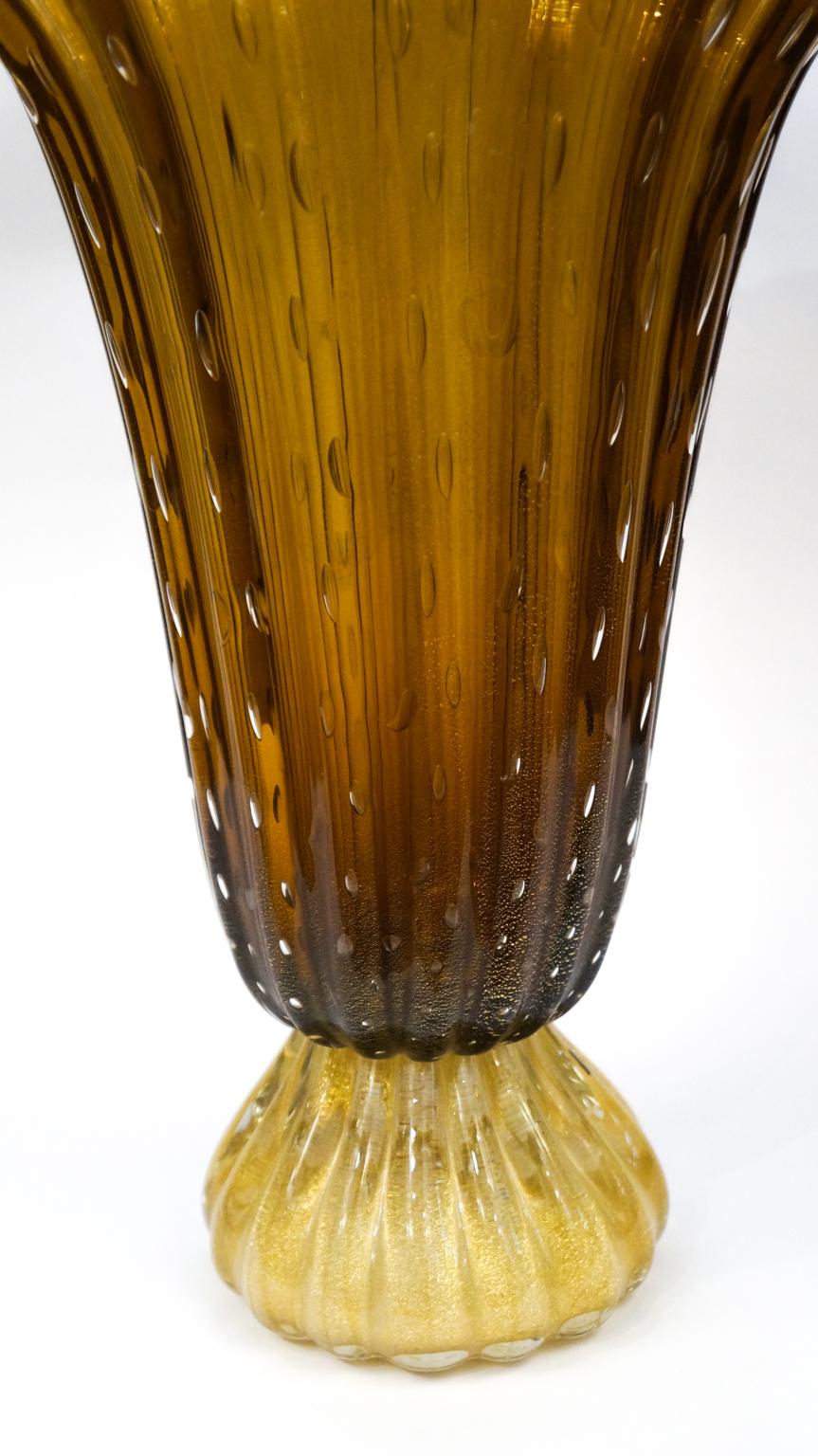 Toso Mid-Century Modern Tobacco Gold Pair of Murano Glass Vases Signed, 1987 For Sale 6