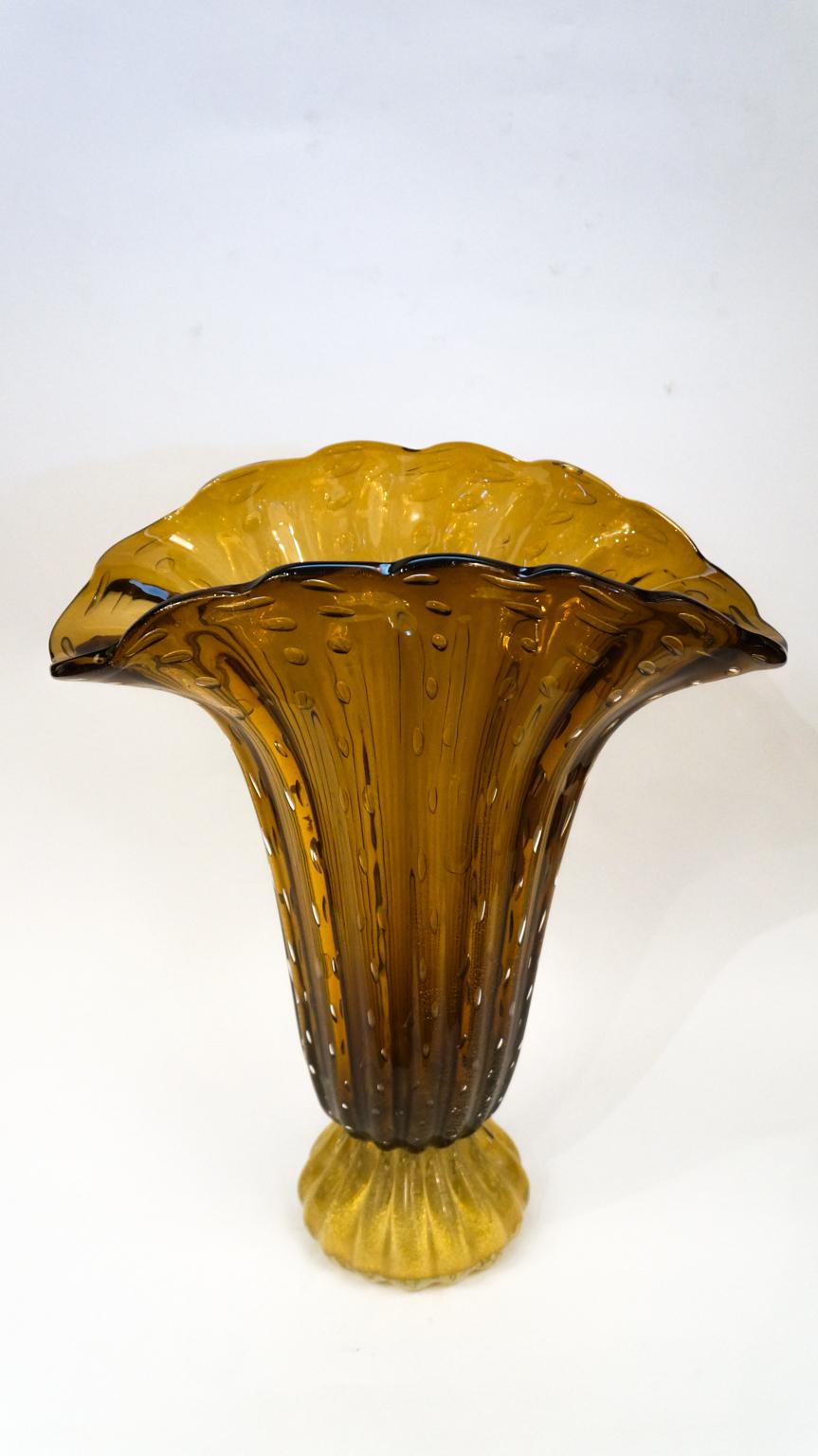 Toso Mid-Century Modern Tobacco Gold Coppia di vasi in vetro di Murano firmati, 1987 in vendita 11