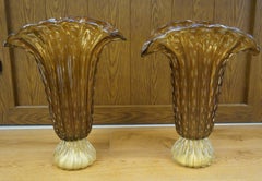 Toso Mid-Century Modern Tobacco Gold Coppia di vasi in vetro di Murano firmati, 1987
