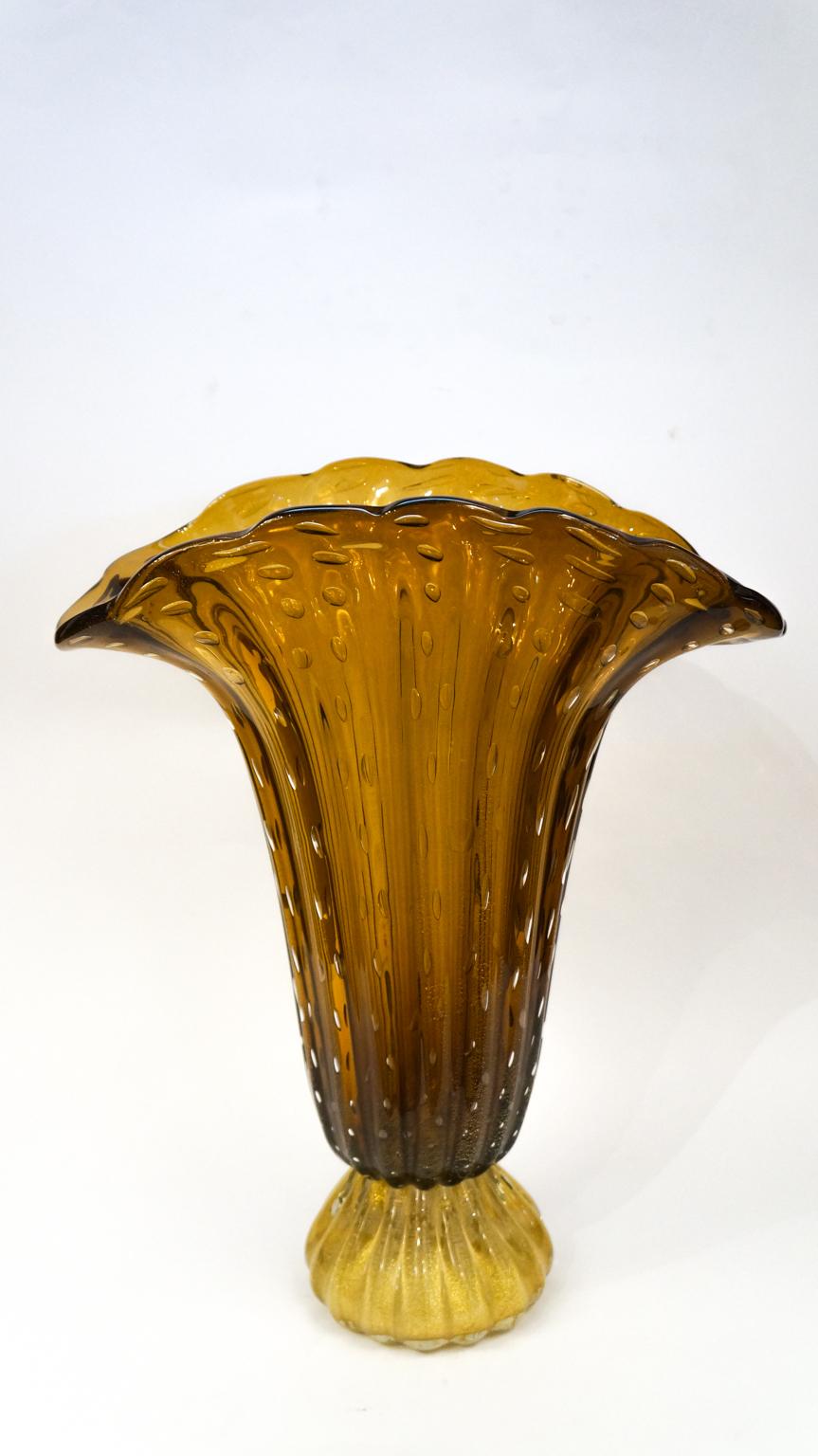 Toso Mid-Century Modern Tobacco Gold Pair of Murano Glass Vases Signed, 1987 For Sale 15