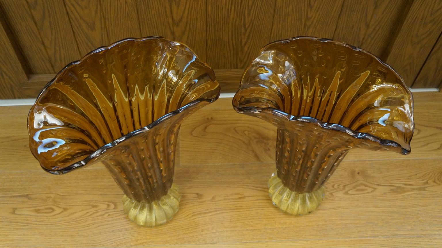 Italian Toso Mid-Century Modern Tobacco Gold Pair of Murano Glass Vases Signed, 1987 For Sale