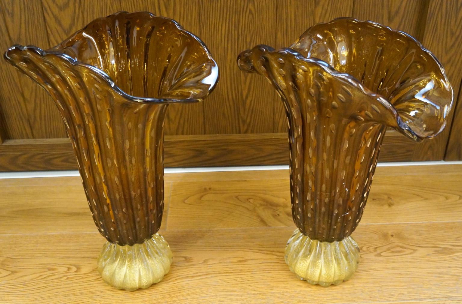 Toso Mid-Century Modern Tobacco Gold Pair of Murano Glass Vases Signed, 1987 For Sale 3