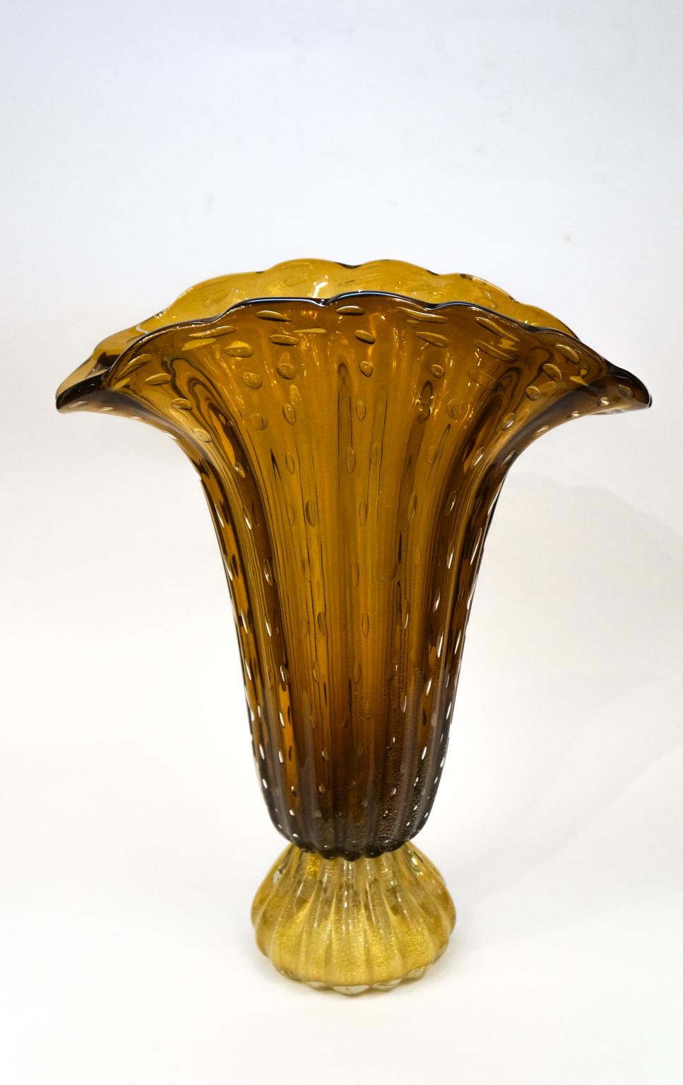 Toso Mid-Century Modern Tabak Gold Paar Vasen aus Muranoglas signiert, 1987 im Angebot 3