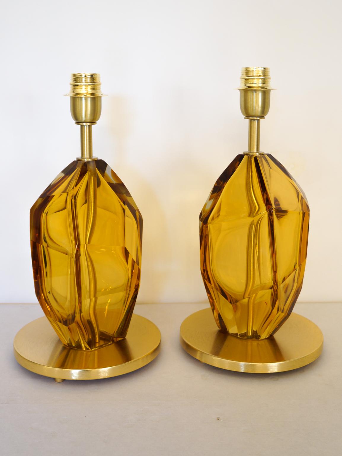 Toso Mid-Century Pair of Amber Italian Murano Glass Table Lamps Faceted, 1999s For Sale 6