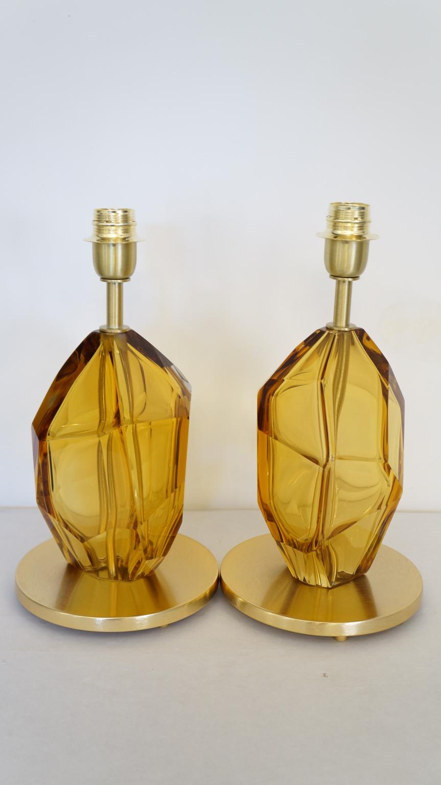 Toso Mid-Century Pair of Amber Italian Murano Glass Table Lamps Faceted, 1999s For Sale 12
