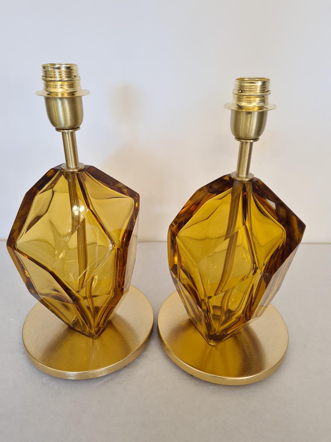 Mid-Century Modern Toso Mid-Century Pair of Amber Italian Murano Glass Table Lamps Faceted, 1999s For Sale