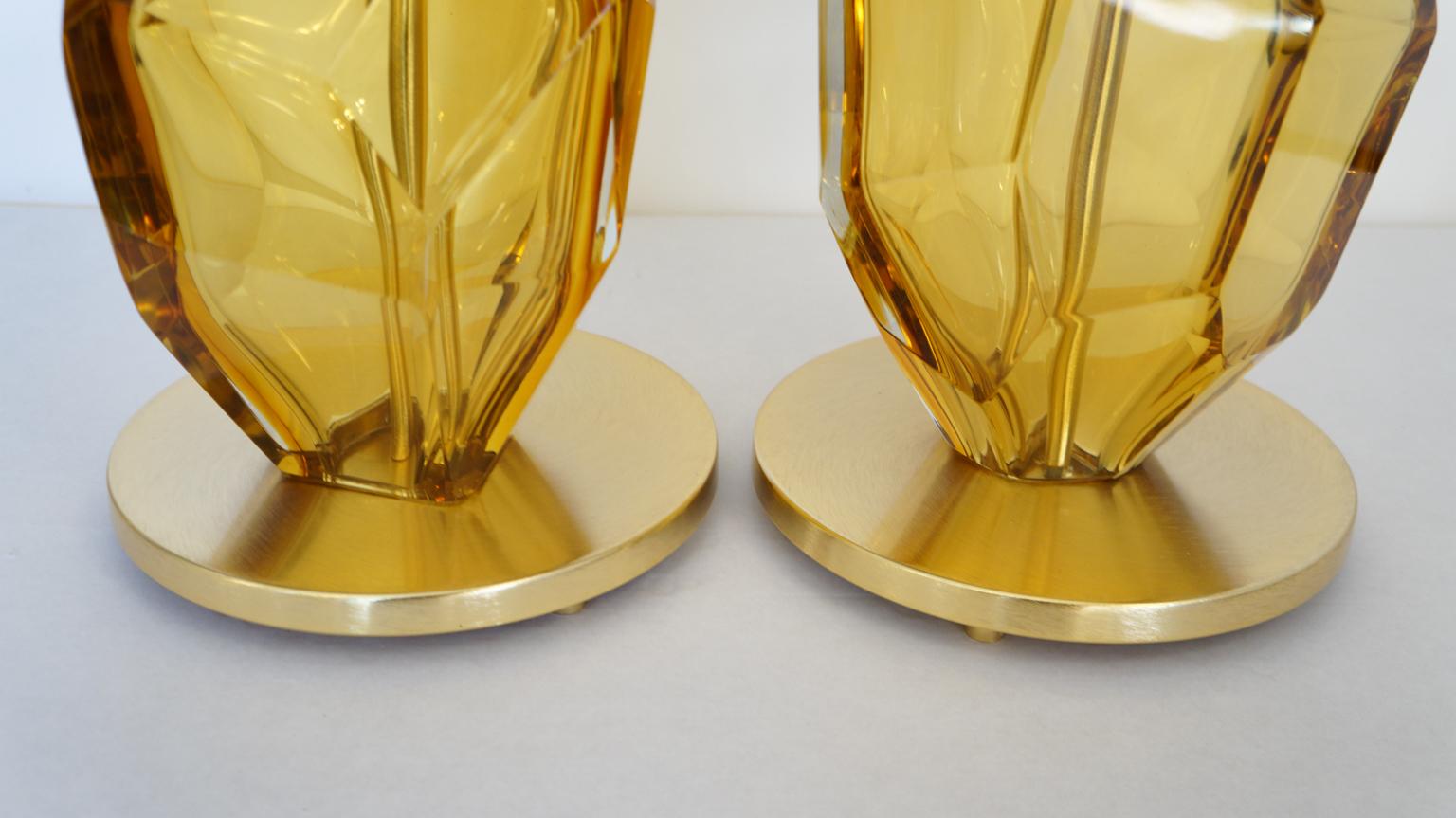 Late 20th Century Toso Mid-Century Pair of Amber Italian Murano Glass Table Lamps Faceted, 1999s For Sale