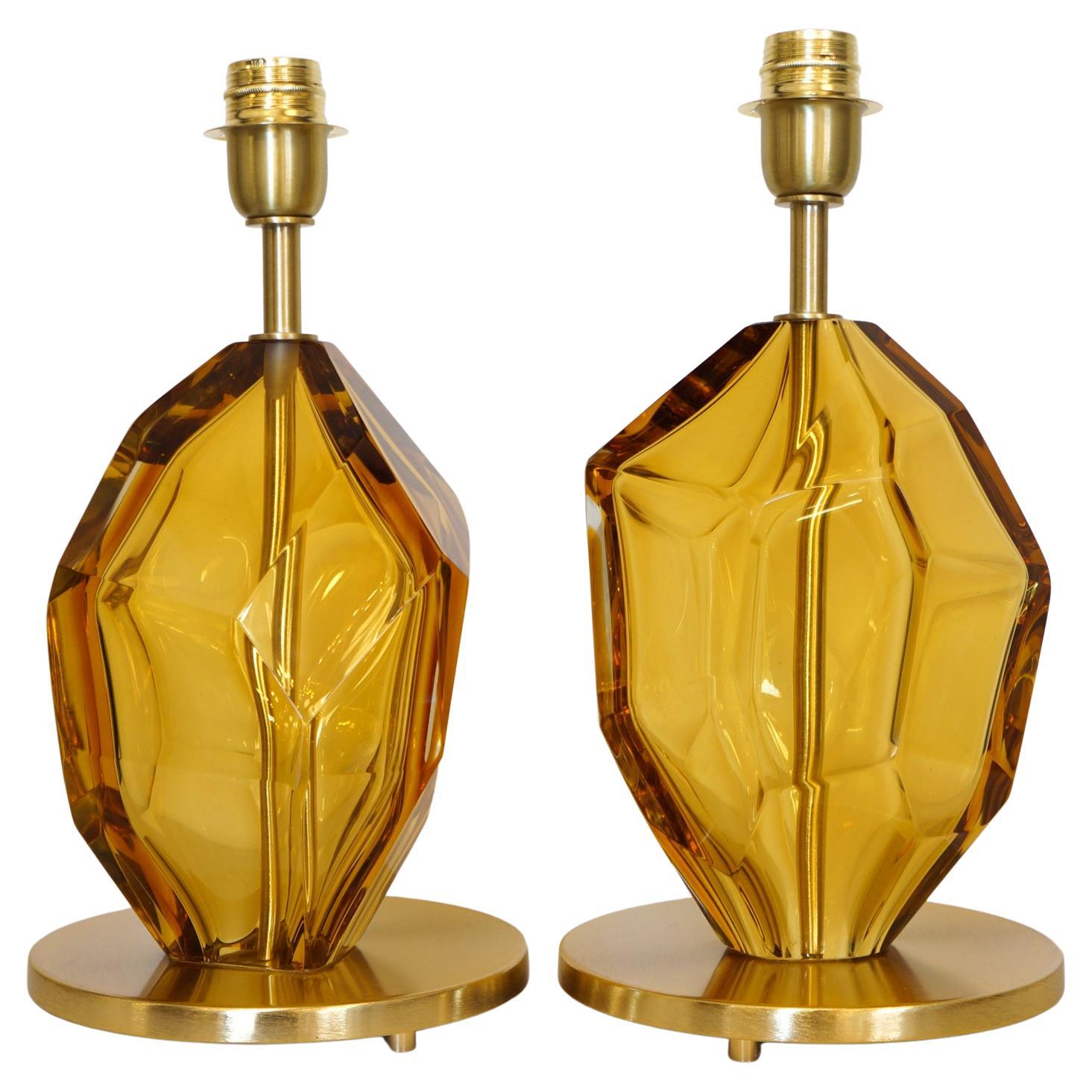 Toso Mid-Century Pair of Amber Italian Murano Glass Table Lamps Faceted, 1999s For Sale