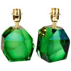 Toso Mid-Century Pair of Green Italian Murano Glass Table Lamps Faceted, 1994s