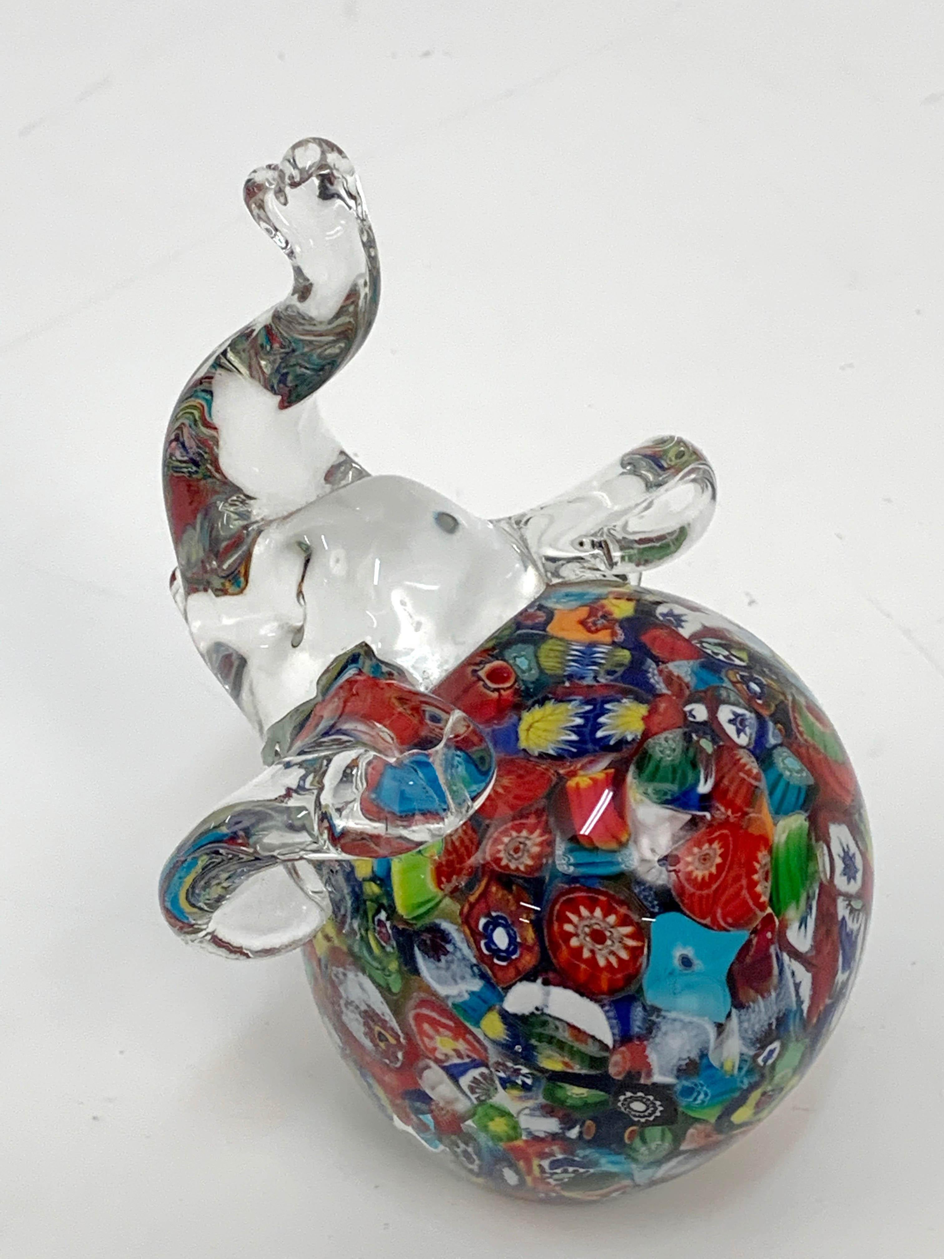 Hand-Crafted Toso Midcentury Murano Glass Millefiori Elephant Italian Sculpture, 1970s