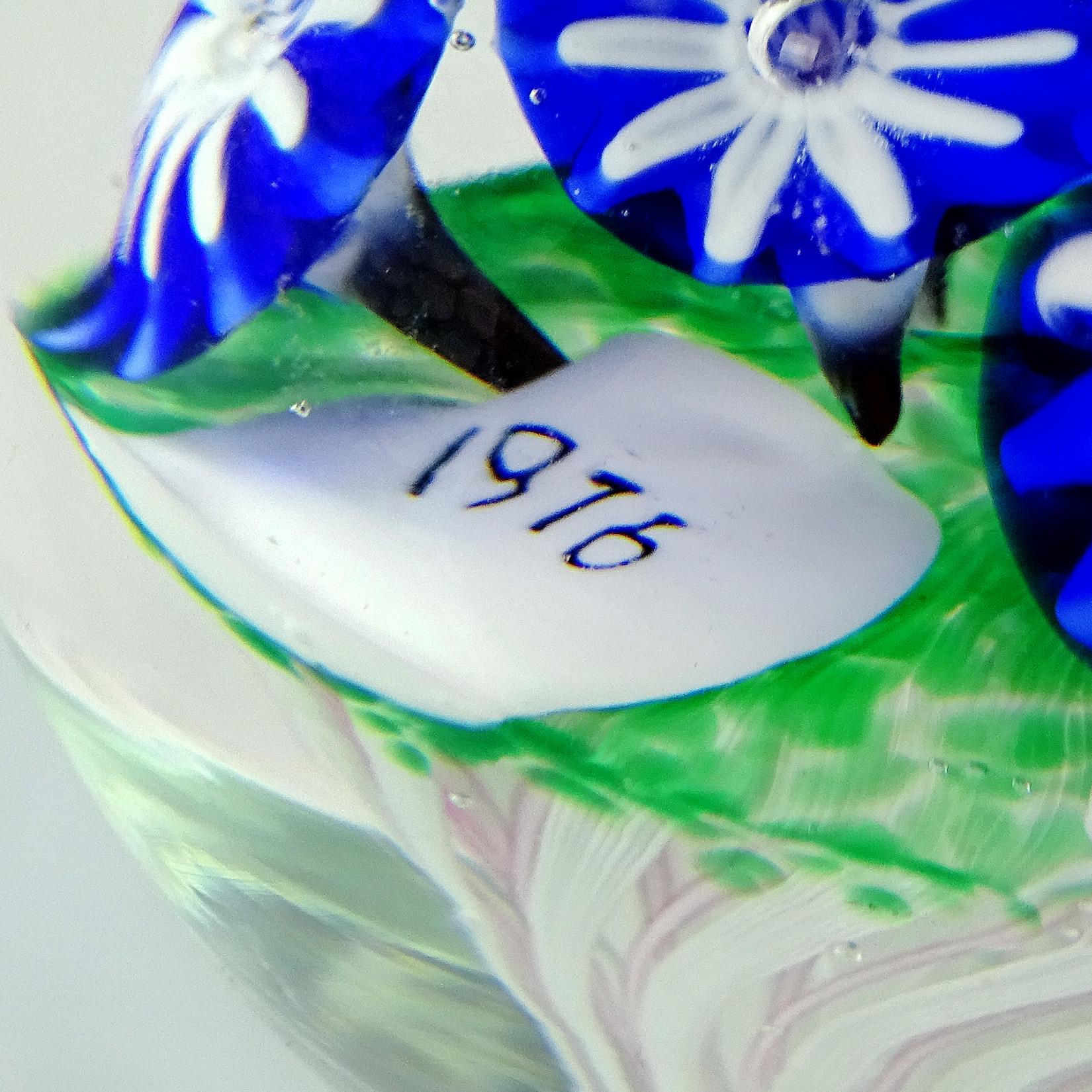 Hand-Crafted Toso Murano 1976 Blue Millefiori Flower Italian Art Glass Basket Paperweight For Sale