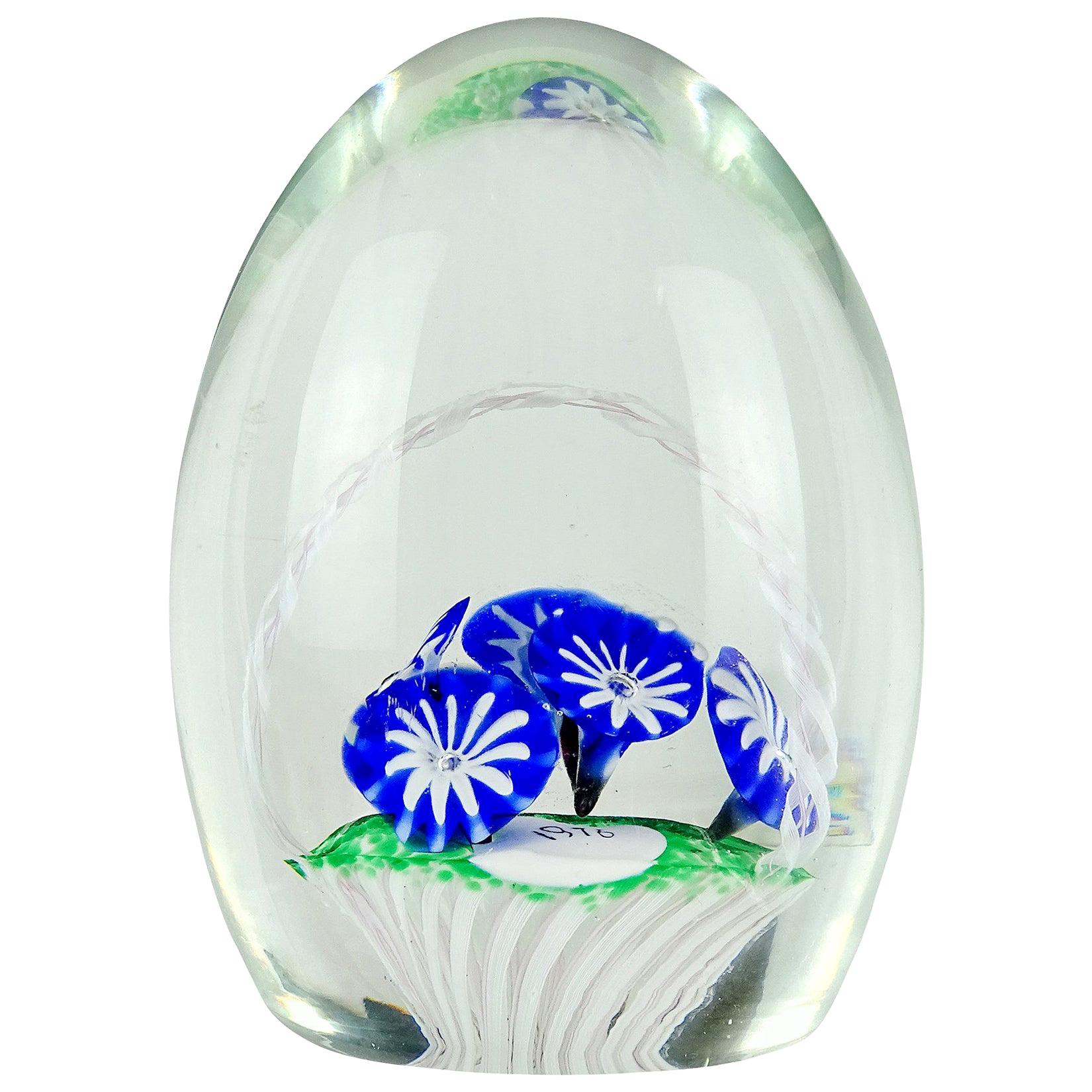 Toso Murano 1976 Blue Millefiori Flower Italian Art Glass Basket Paperweight For Sale