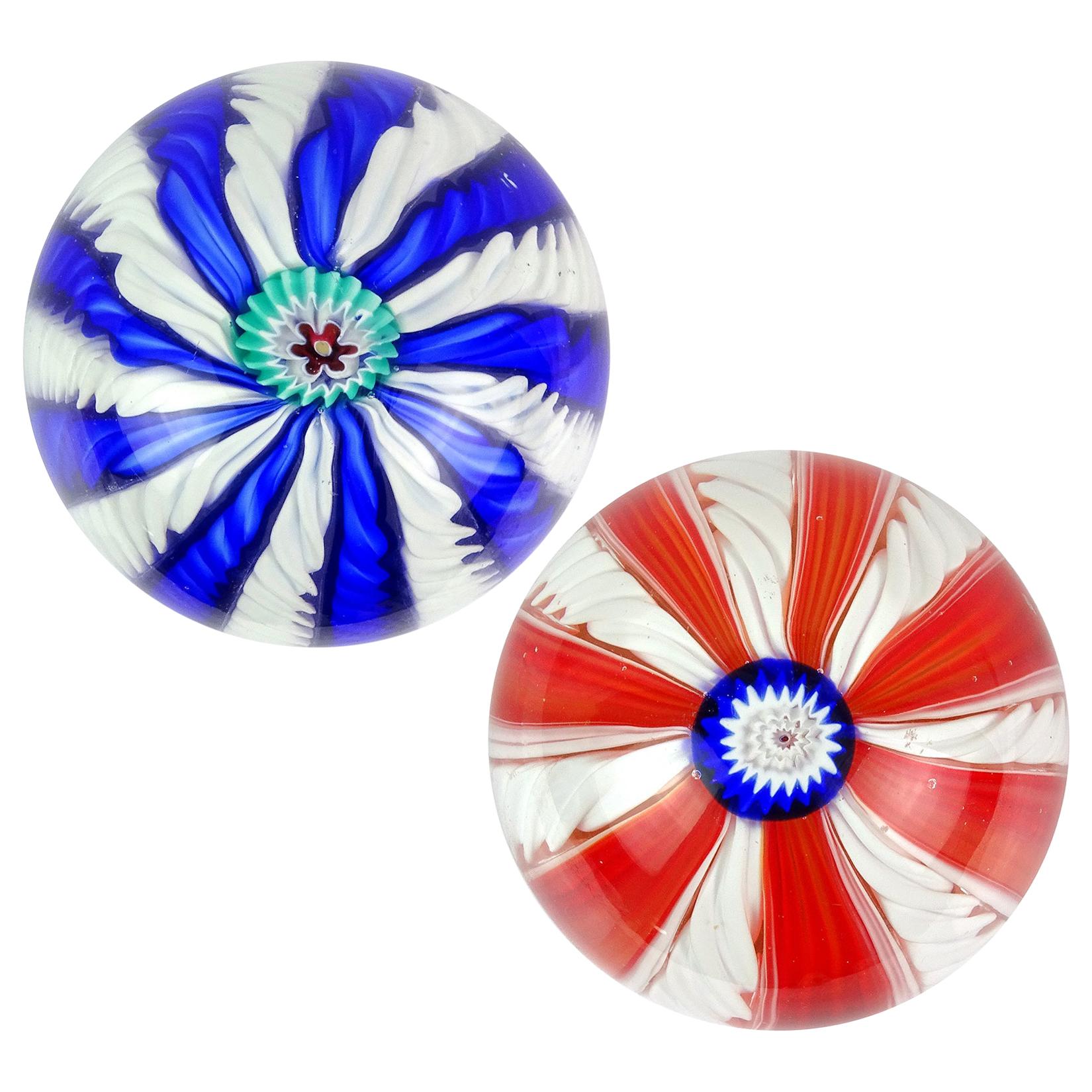 Toso Murano Blue Red White Millefiori Flower Italian Art Glass Paperweights