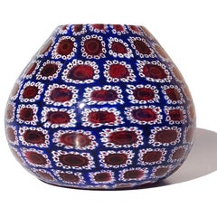 Toso Murano Blue White Red Millefiori Flower Mosaic Italian Art Glass Bud Vase