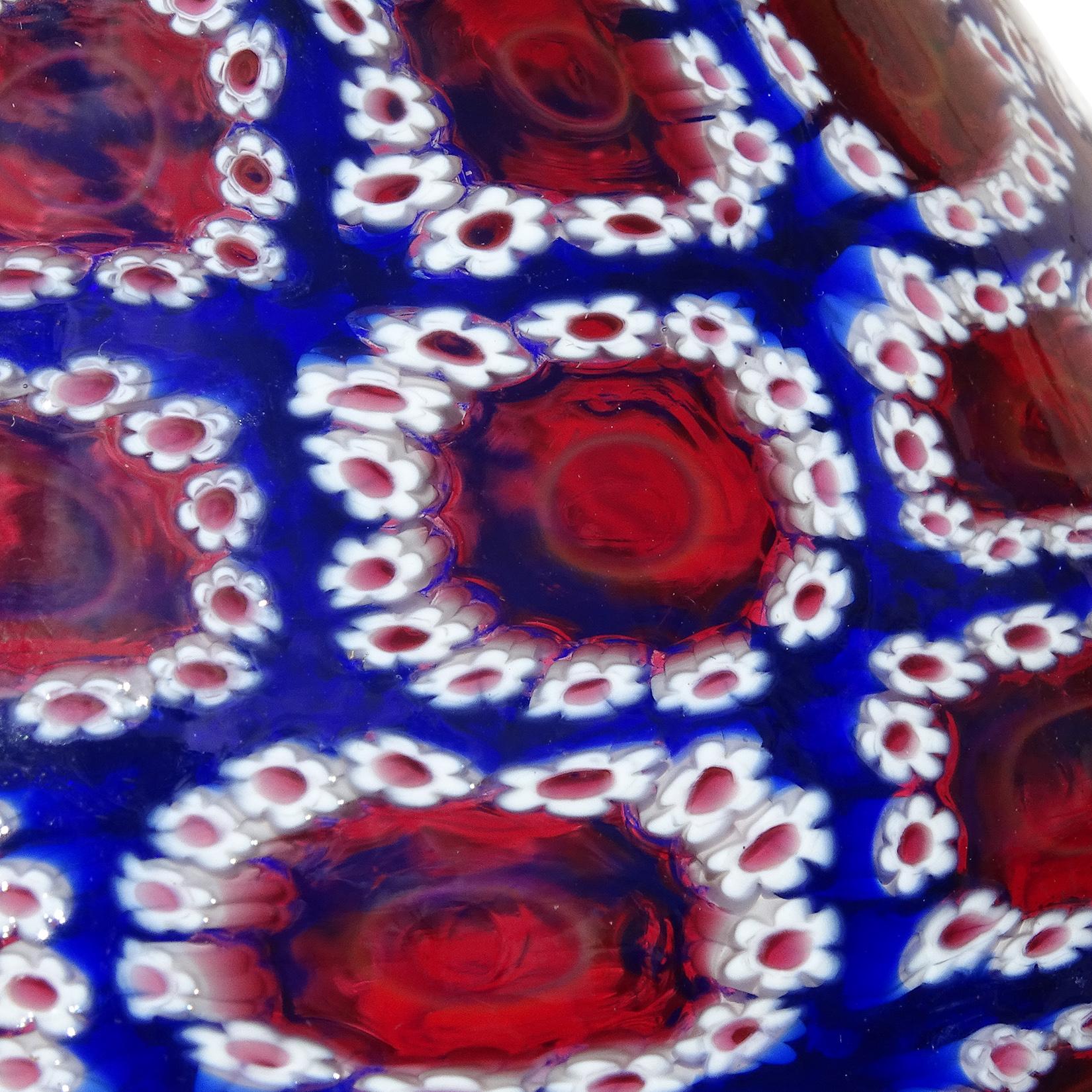 Mid-Century Modern Toso Murano Blue White Red Millefiori Flower Mosaic Italian Art Glass Bud Vase