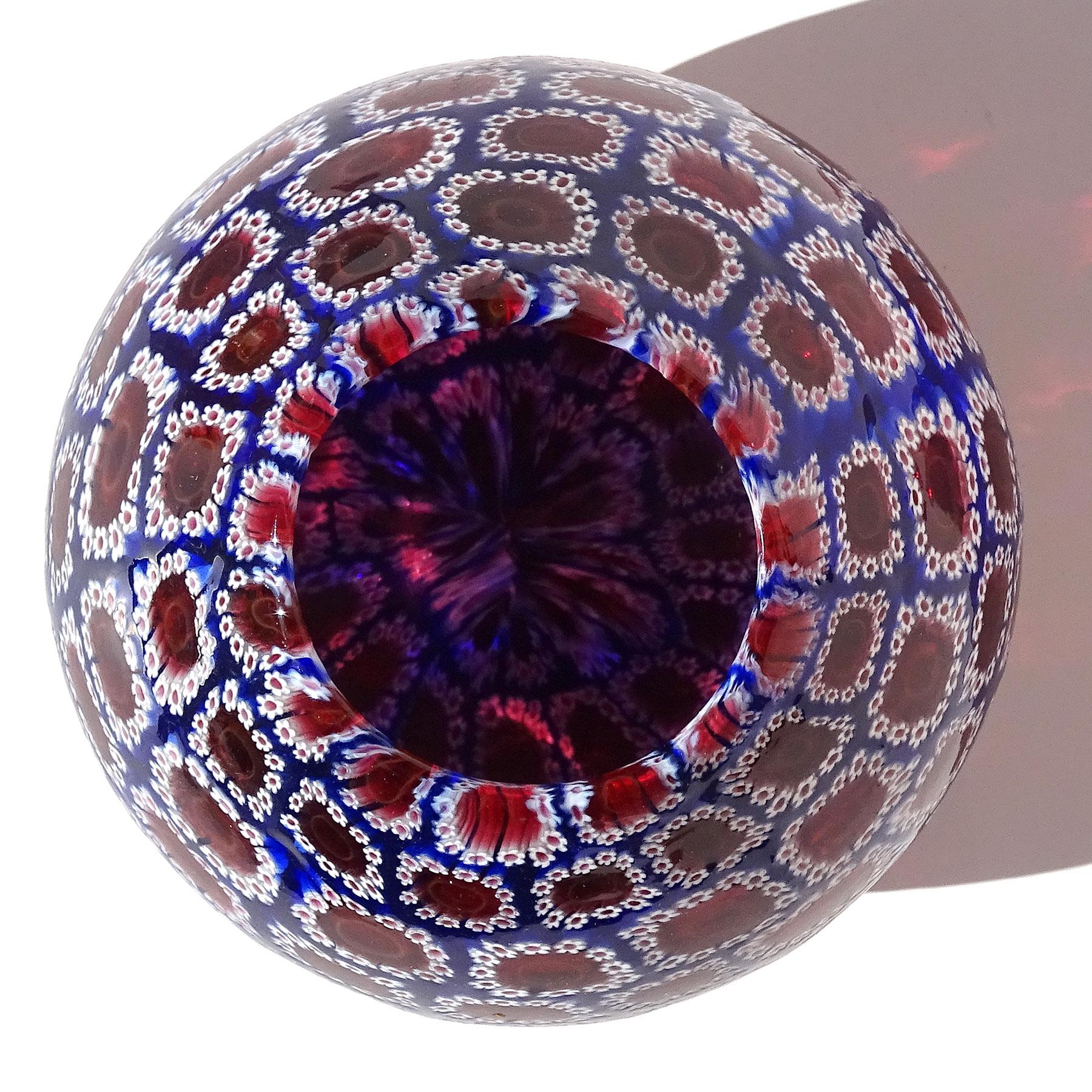 Hand-Crafted Toso Murano Blue White Red Millefiori Flower Mosaic Italian Art Glass Bud Vase For Sale