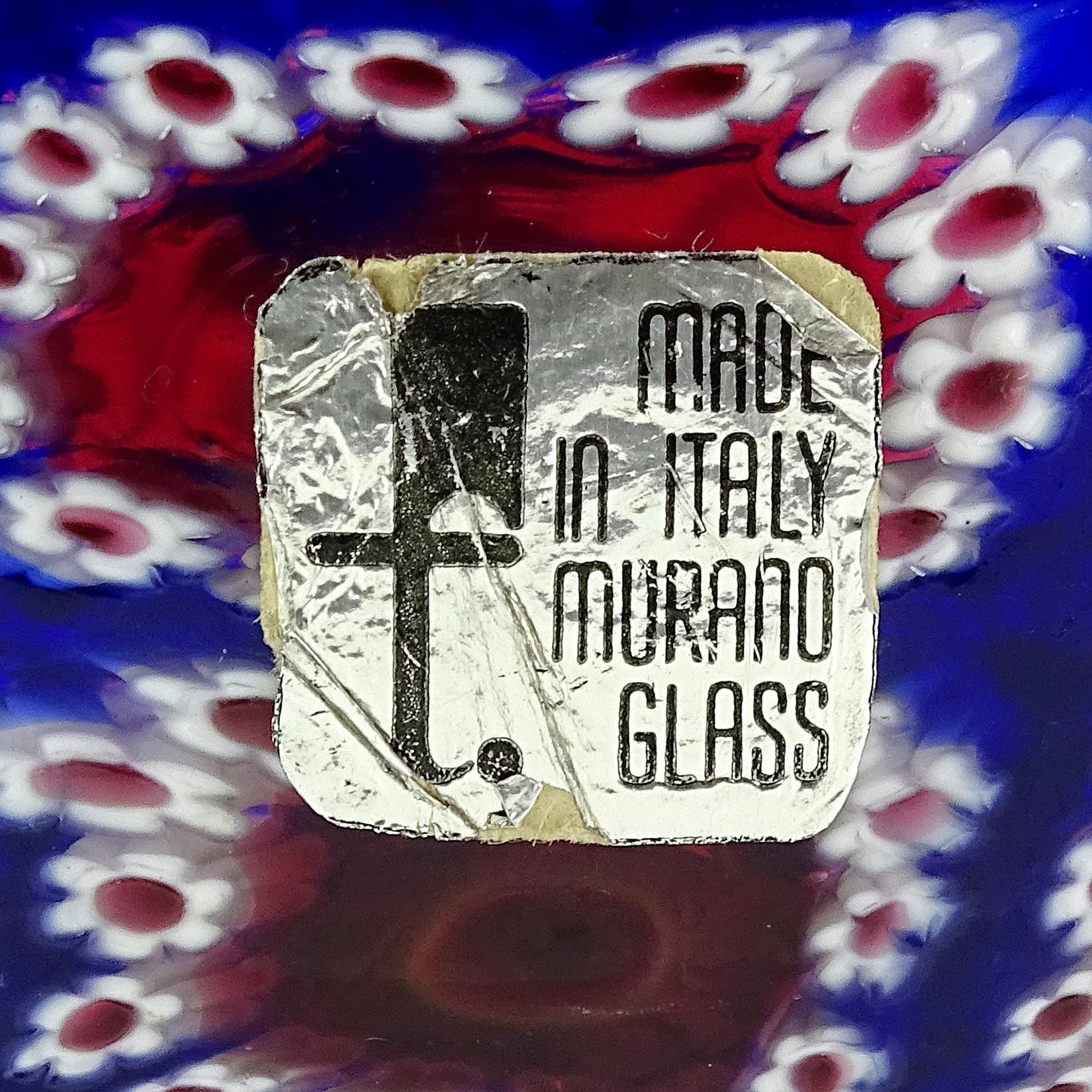 Toso Murano Blue White Red Millefiori Flower Mosaic Italian Art Glass Bud Vase In Good Condition In Kissimmee, FL