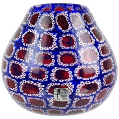 Vintage Toso Murano Blue White Red Millefiori Flower Mosaic Italian Art Glass Bud Vase