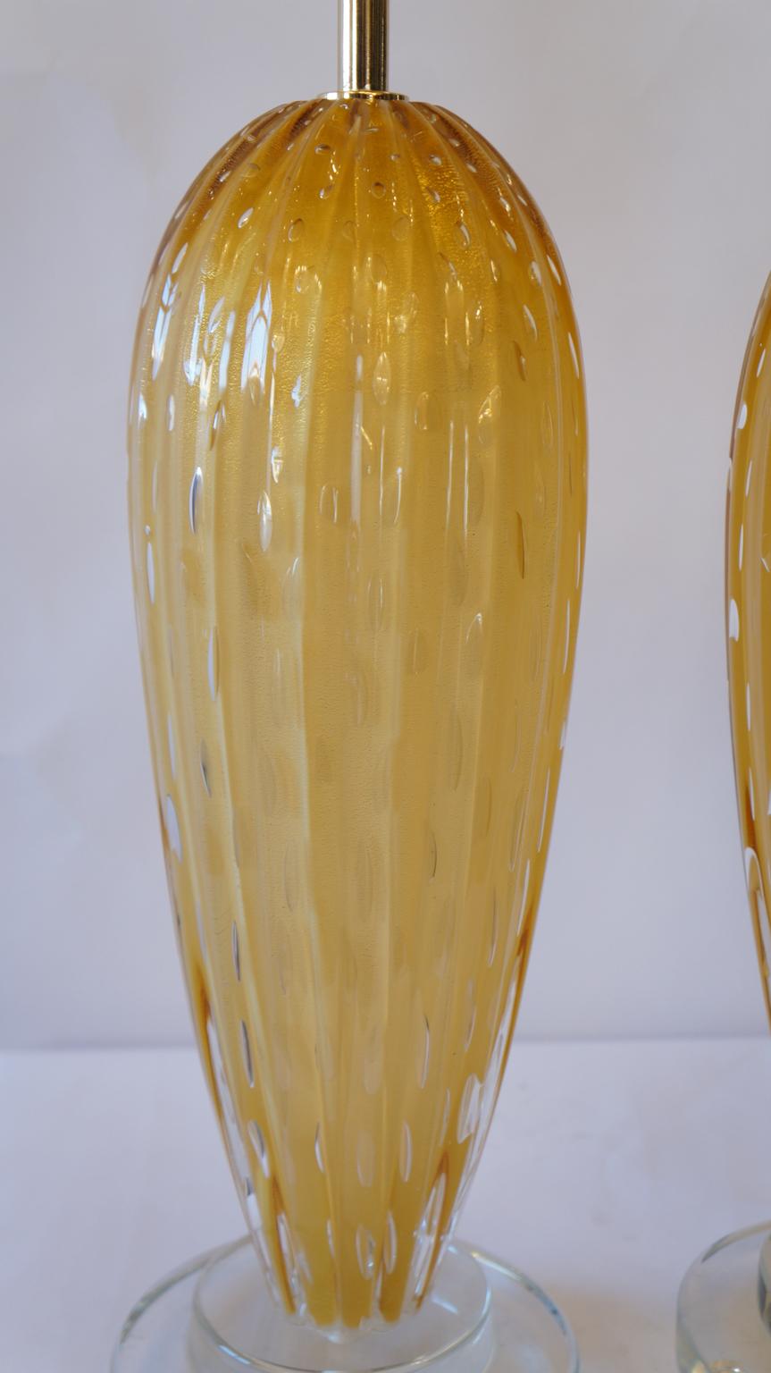 Toso Murano Mid-Century Modern Amber Two Murano Glass Table Lamps Italian, 1995 For Sale 6