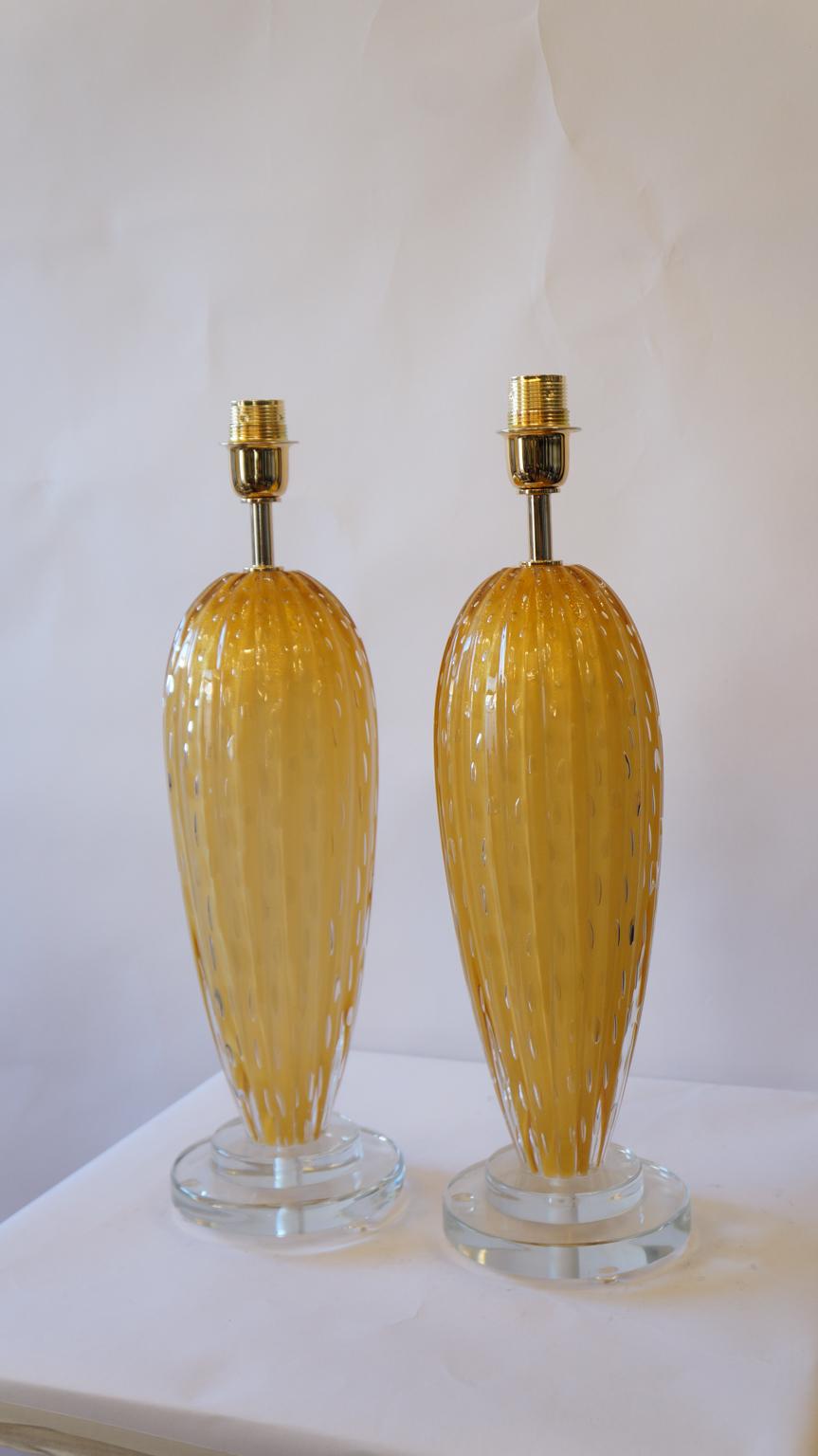 Hand-Crafted Toso Murano Mid-Century Modern Amber Two Murano Glass Table Lamps Italian, 1995 For Sale