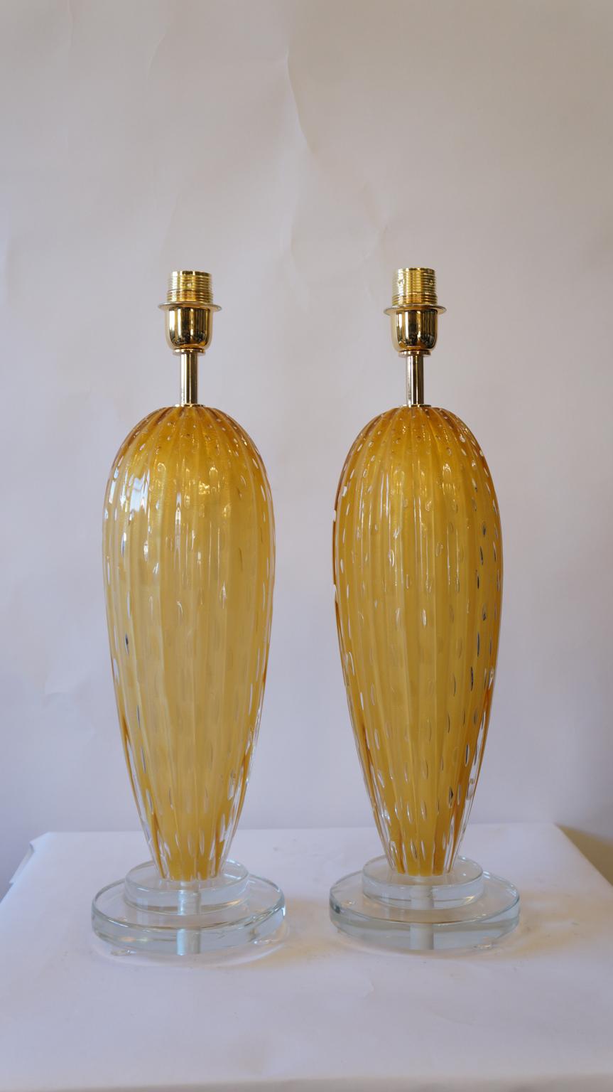 Late 20th Century Toso Murano Mid-Century Modern Amber Two Murano Glass Table Lamps Italian, 1995 For Sale