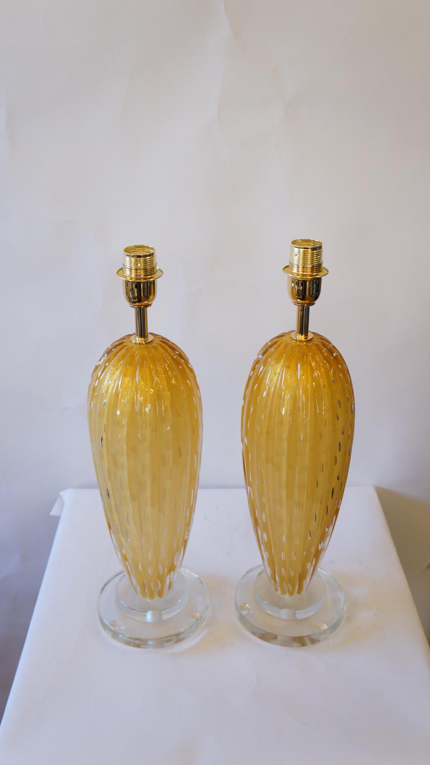 Blown Glass Toso Murano Mid-Century Modern Amber Two Murano Glass Table Lamps Italian, 1995 For Sale