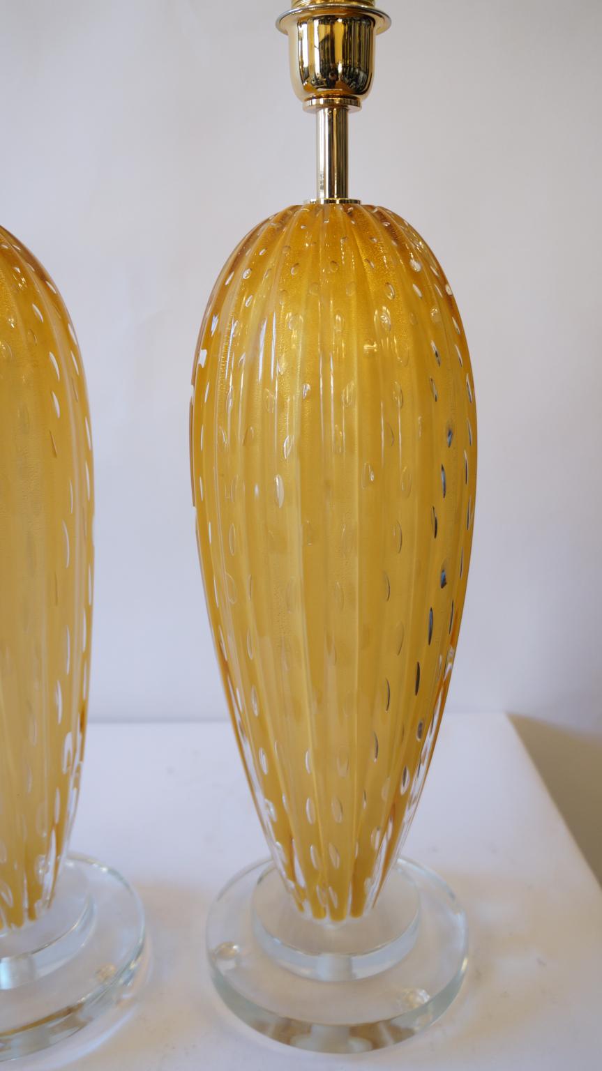 Toso Murano Mid-Century Modern Amber Two Murano Glass Table Lamps Italian, 1995 For Sale 1