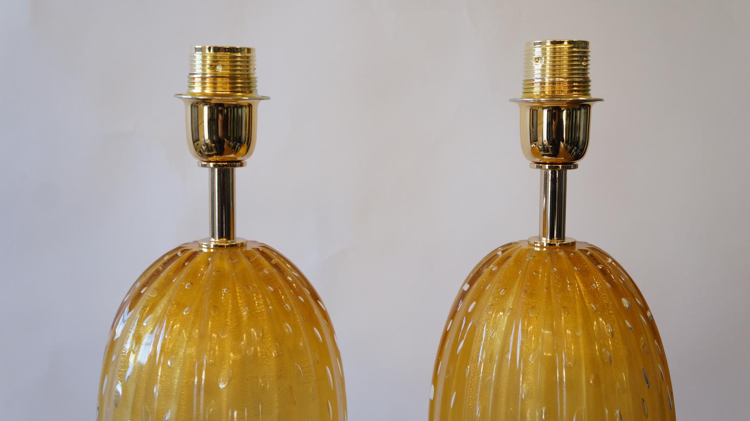 Toso Murano Mid-Century Modern Amber Two Murano Glass Table Lamps Italian, 1995 For Sale 3
