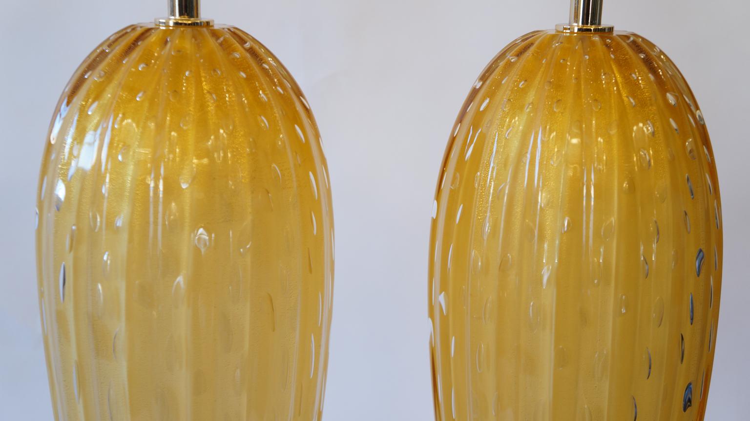 Toso Murano Mid-Century Modern Amber Two Murano Glass Table Lamps Italian, 1995 For Sale 4