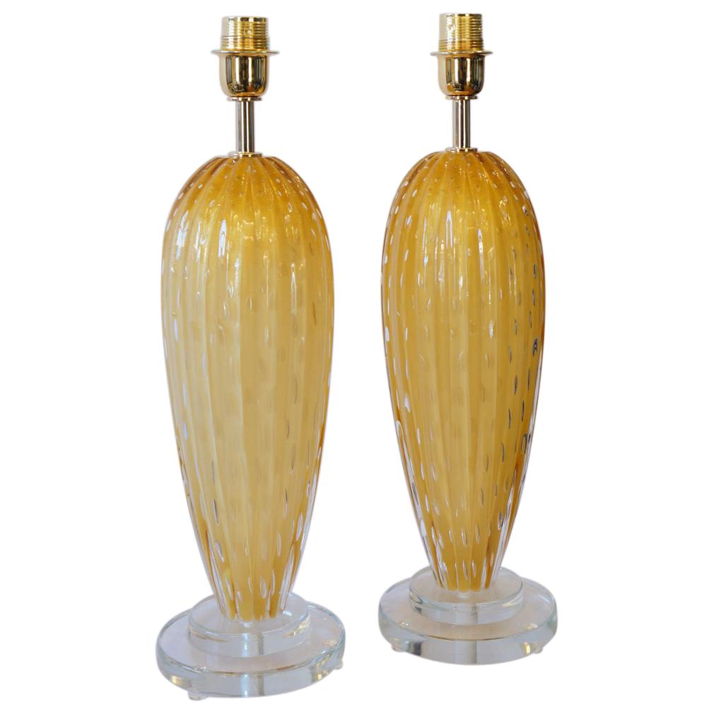 Toso Murano Mid-Century Modern Amber Two Murano Glass Table Lamps Italian, 1995 For Sale