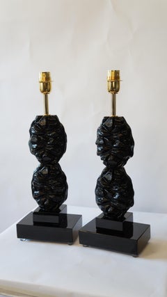 Toso Murano Mid-Century Modern Black Two Murano Glass Table Lamps, 1978