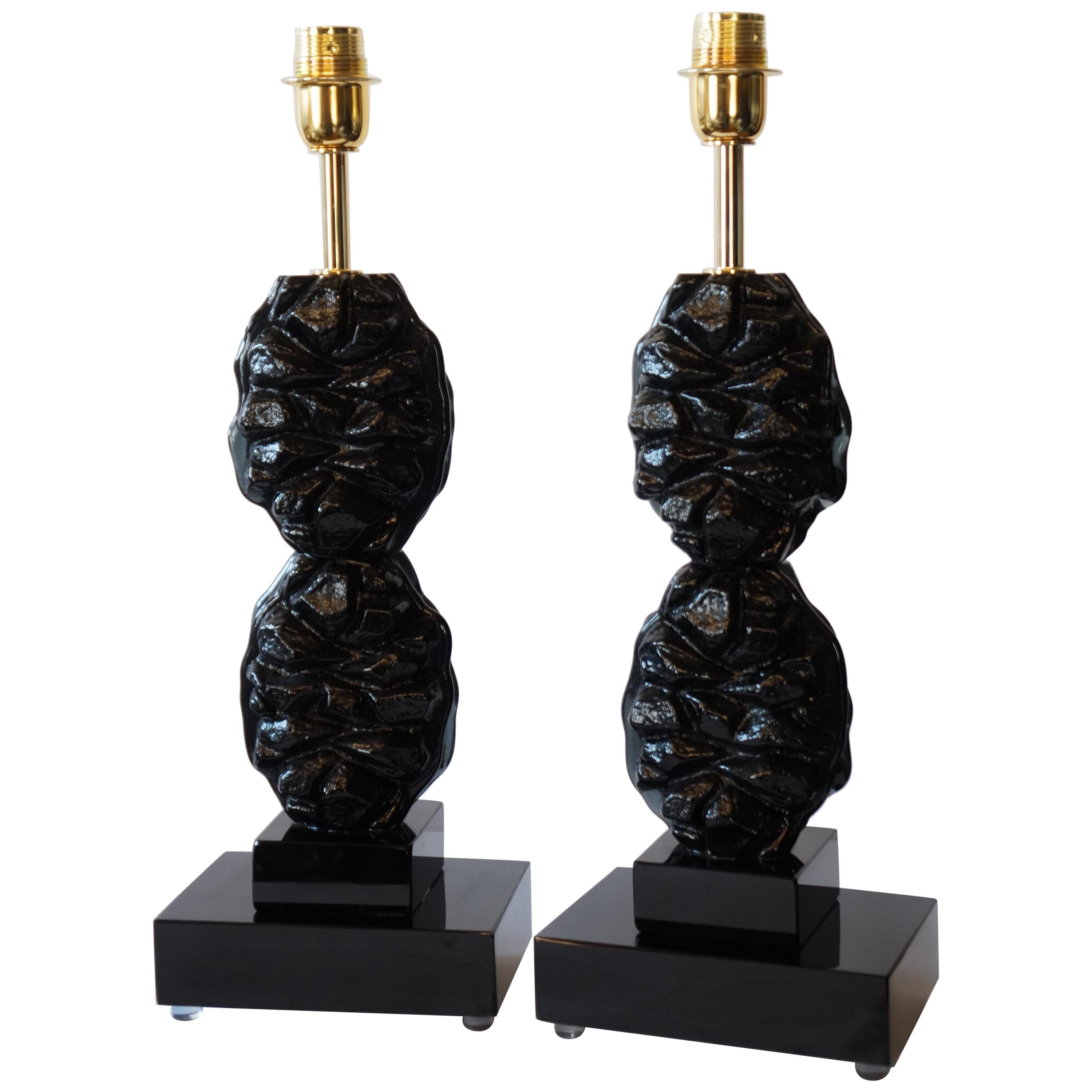 Toso Murano Mid-Century Modern Black Due lampade da tavolo in vetro di Murano, 1978
