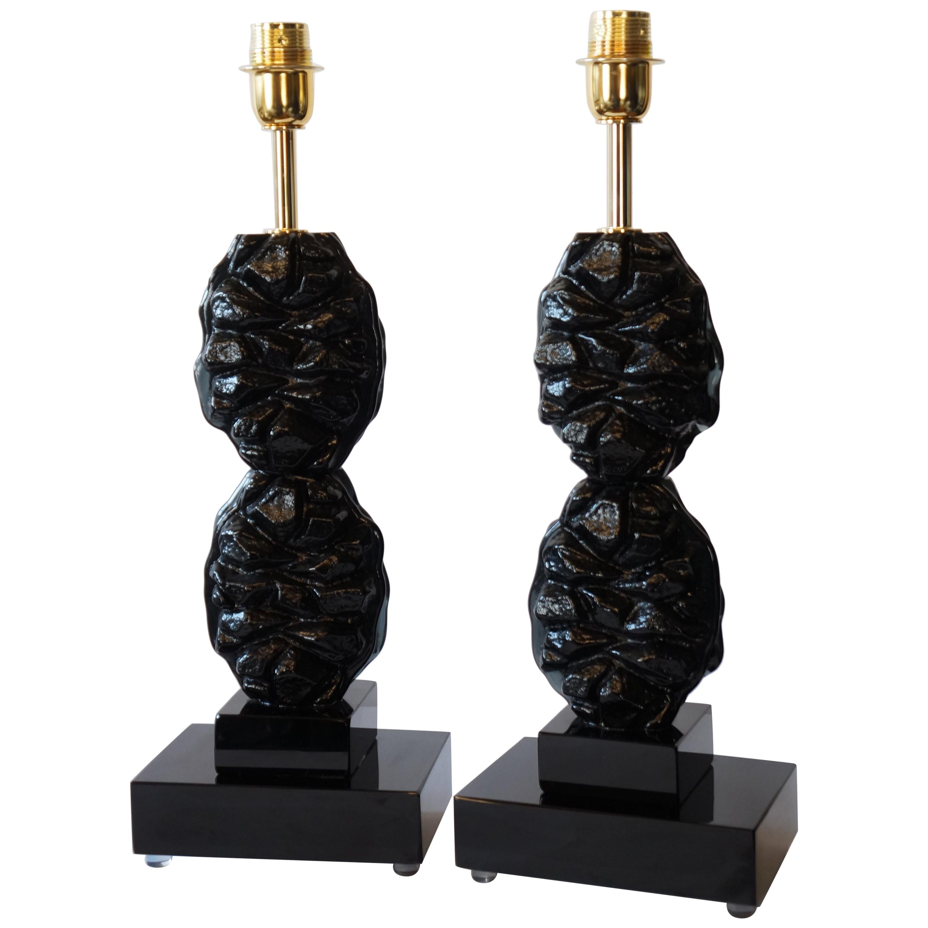 Toso Murano Mid-Century Modern Black Two Murano Glass Table Lamps, 1978