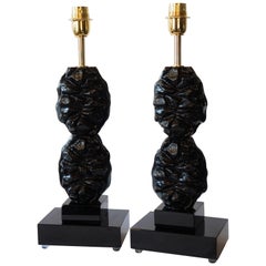 Toso Murano Mid-Century Modern Black Two Murano Glass Table Lamps, 1978